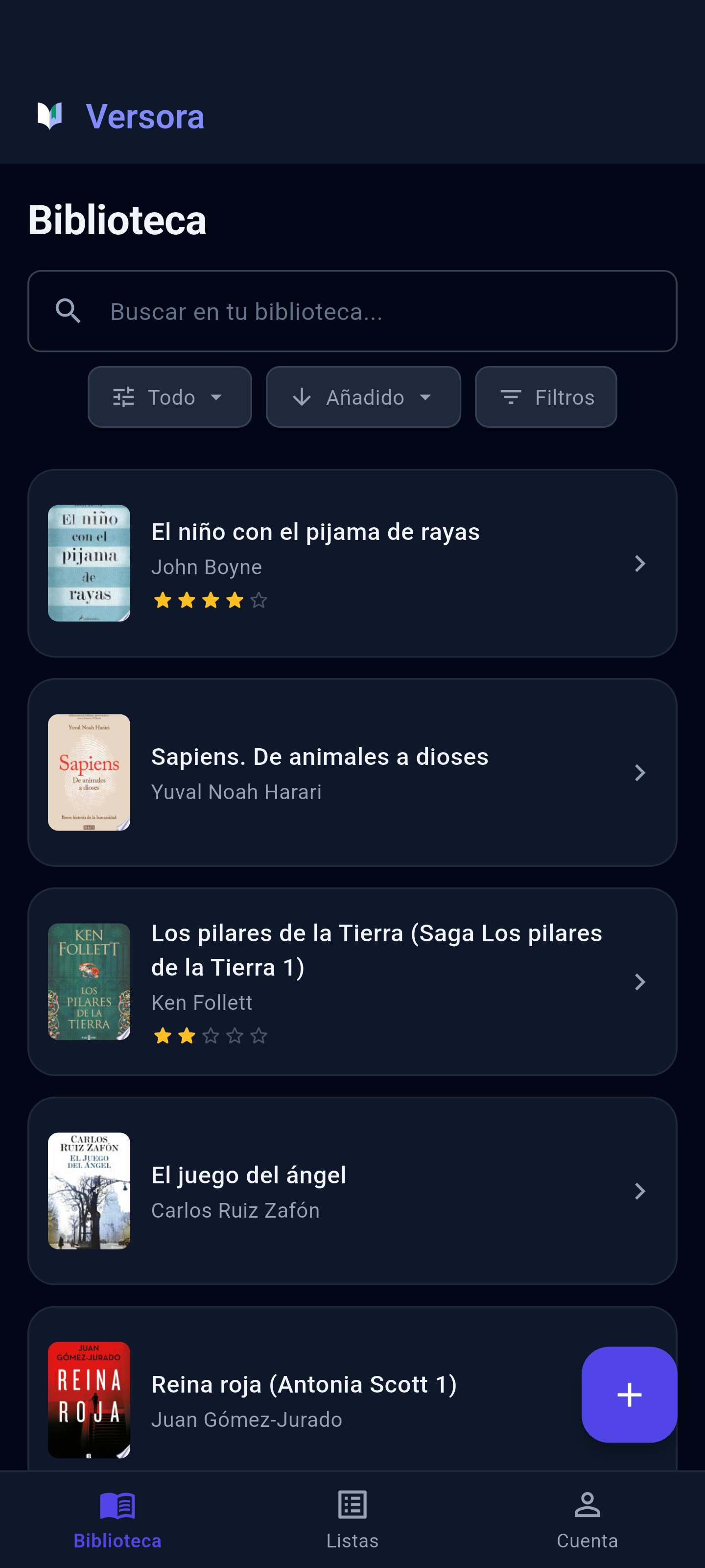 Biblioteca personal con todos los libros en Versora